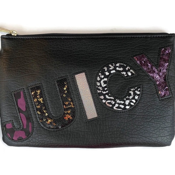 JUICY COUTURE Wristlet Clutch Bag Sequin Animal Print Logo Black - Picture 2 of 5